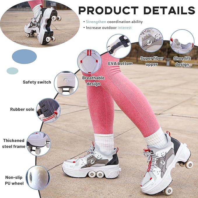 Roller Skate Shoes for Women Four Rounds Children's Roller Skates Shoes That Turn into Rollerskates Sneakers Outdoor Light Shoes with Wheels for Girls/Boys