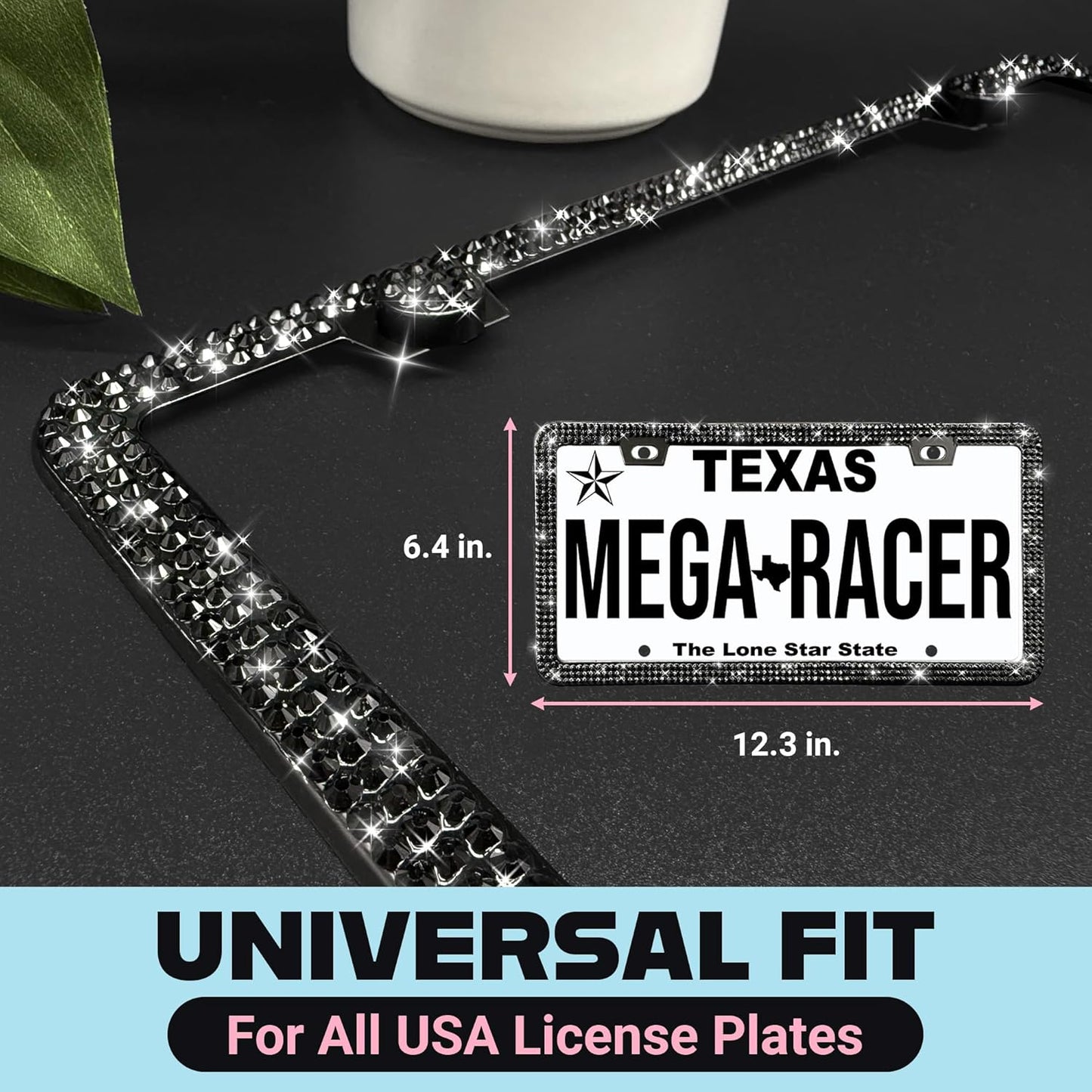 Elegant Bling License Plate Frame for Women - 1 Pack, 800 Premium Black Rhinestones, Rust-Free Stainless Steel, Street Legal Slim Design, Sparkly Diamond Car Tag Holder with Glitter Crystal Covers