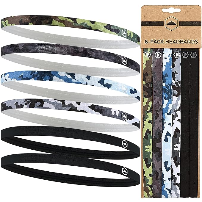 Tough Headwear Thin Elastic Headbands for Men - Sports Hair Head Band for Women & Men - Non Slip Mens Workout Headband - Running or Soccer Headband - 6-Pack