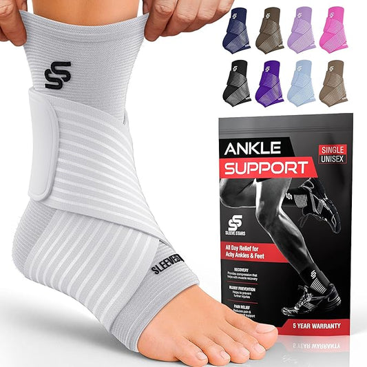 Sleeve Stars Ankle Brace for Women & Men, Ankle Wrap for Sprained Ankle, Compression Sleeve for Plantar Fasciitis Relief, Easy Customizable Support: w/Removable Strap (Single/S:9"-10"/White)