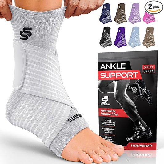 Sleeve Stars Ankle Brace for Women & Men, Ankle Wrap for Sprain, Compression Sleeve for Plantar Fasciitis Relief, Easy Customizable Support: w/ Removable Strap (Pair/M:10"-12"/White)