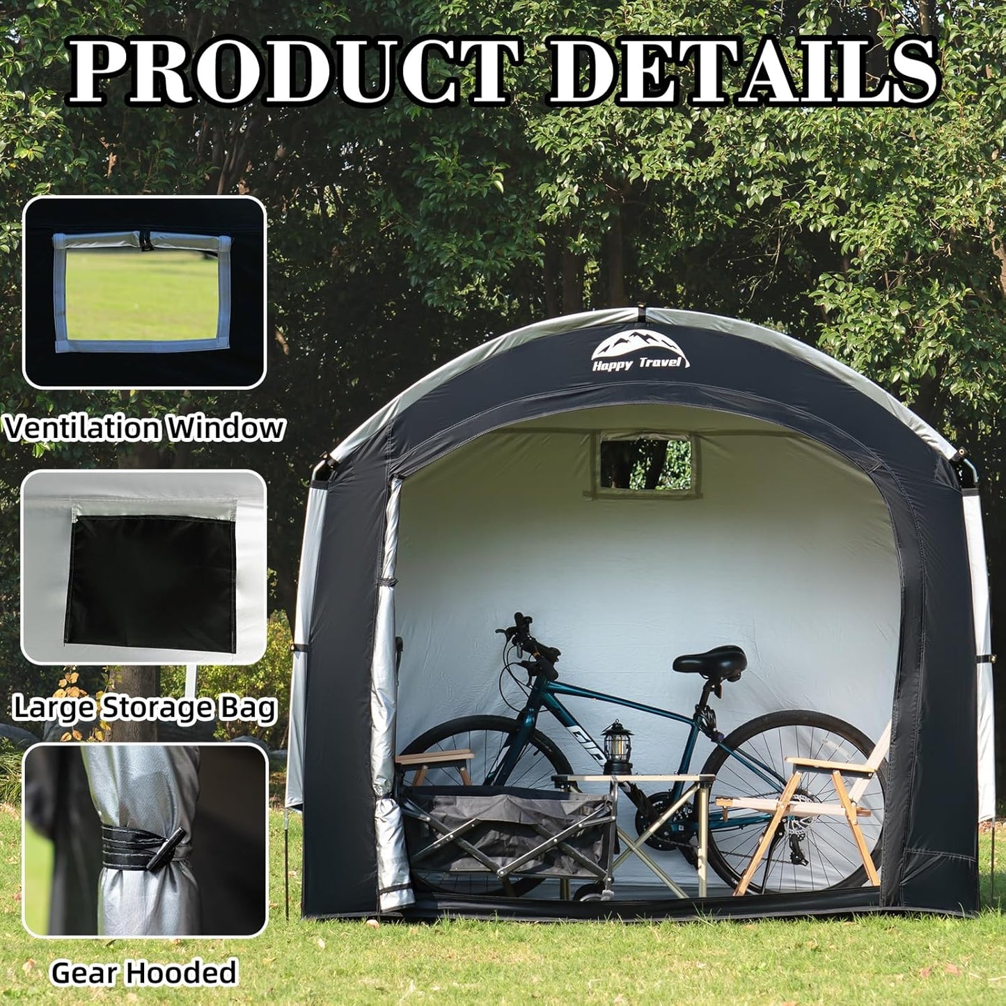 Happy Travel Bike Storage Tent Shed, Outdoor Waterproof Bicycle Covers Shelter with Window for 2/4/6/8 Bikes,Oversized Outside Portable Sheds for Lawn Mower,Garden Tools (Black)