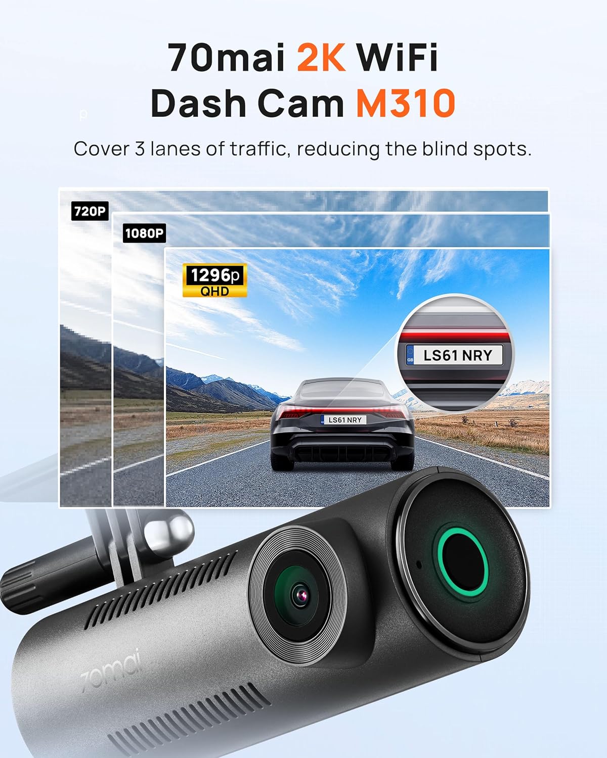 70mai Dash Cam M310, Dash Camera for Cars 1296P QHD, Smart Dash Cam Front Built in WiFi, 130° Wide-Angle FOV, WDR, Night Vision, iOS/Android Mobile App, Loop Recording, Parking Monitor, Time-Lapse