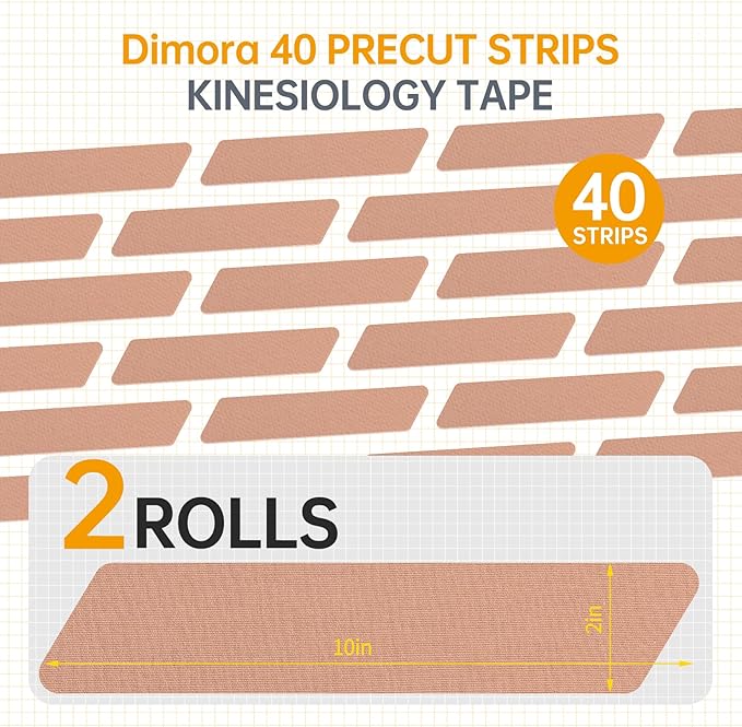 Dimora Kinesiology Tape, 40 Count Precut Strips 2 Rolls, Original Cotton, 10” Elastic Athletic Tape for Muscle Pain Relief and Joint Support, Beige