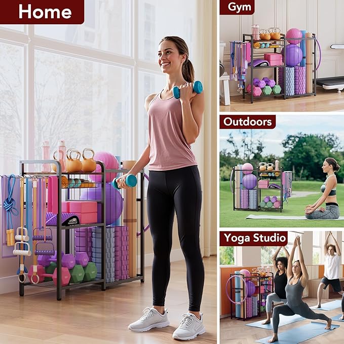 Weight Rack for Home Gym - Exercise Equipment Storage Organizer for Yoga Mat Dumbbells Kettlebells Foam Roller Yoga Strap & Resistance Bands, Ideal Yoga Mat Holder & Workout Equipment Organizer