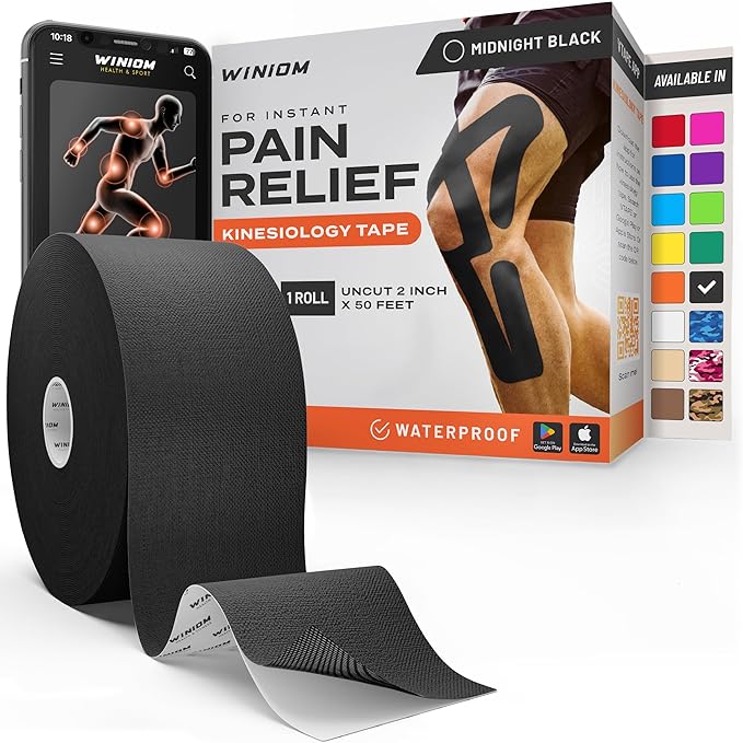 Kinesiology Tape-Incredible Support for Athletic Sports and Recovery + Free Taping Guide-Uncut 2 inch 50 feet Roll (Midnight Black + Free Taping Guide, Pack of 1)