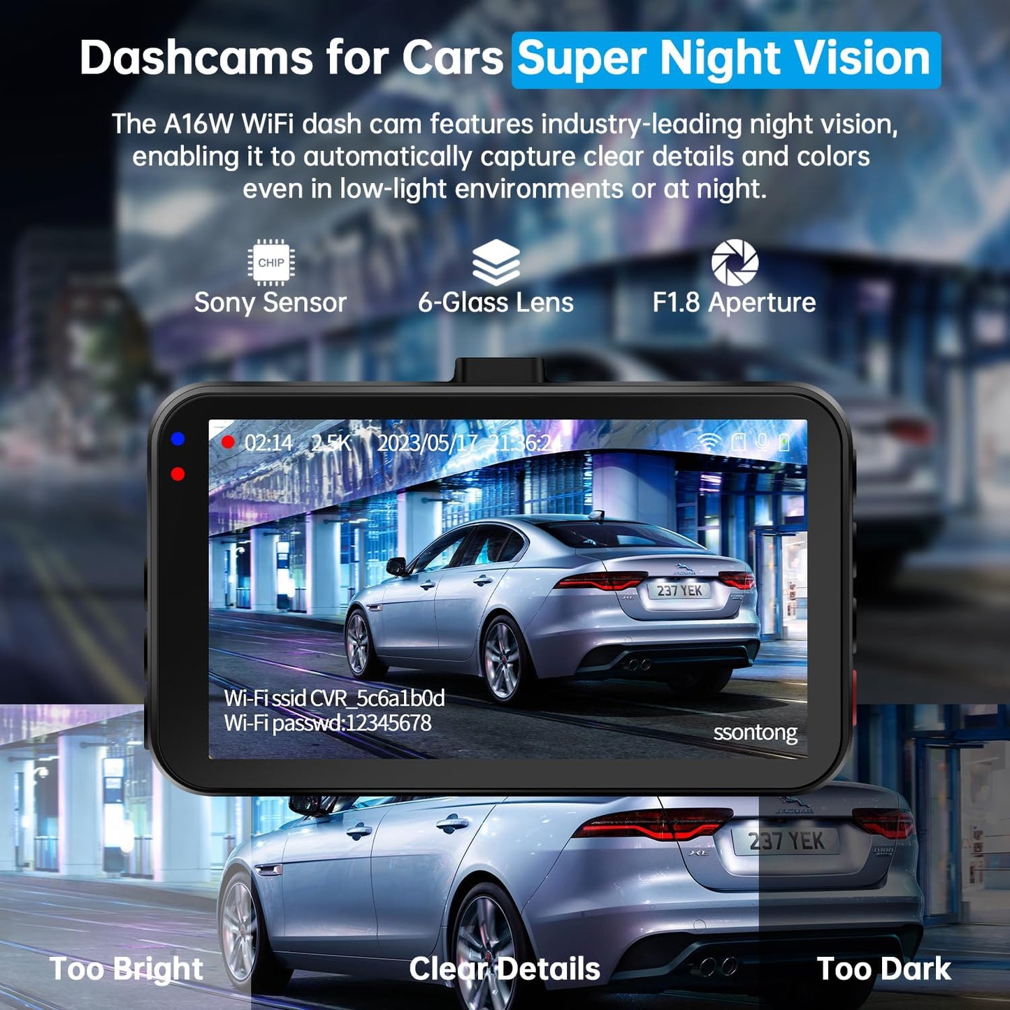 Dash Cam Front and Rear, Dash Camera for Cars WiFi/APP Control Dual Dashcam W/ 64GB Card, 2.5K Dash Cam Front+1080P Rear Car Camera W/Super Night Vision, Loop Recording, G-Sensor, Max Support 256GB