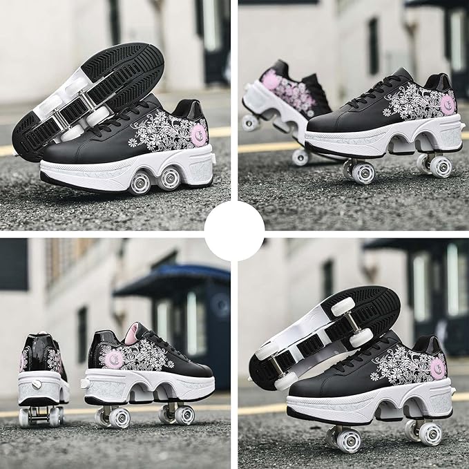 Roller Skate Shoes for Women Four Rounds Children's Roller Skates Shoes That Turn into Rollerskates Sneakers Outdoor Light Shoes with Wheels for Girls/Boys