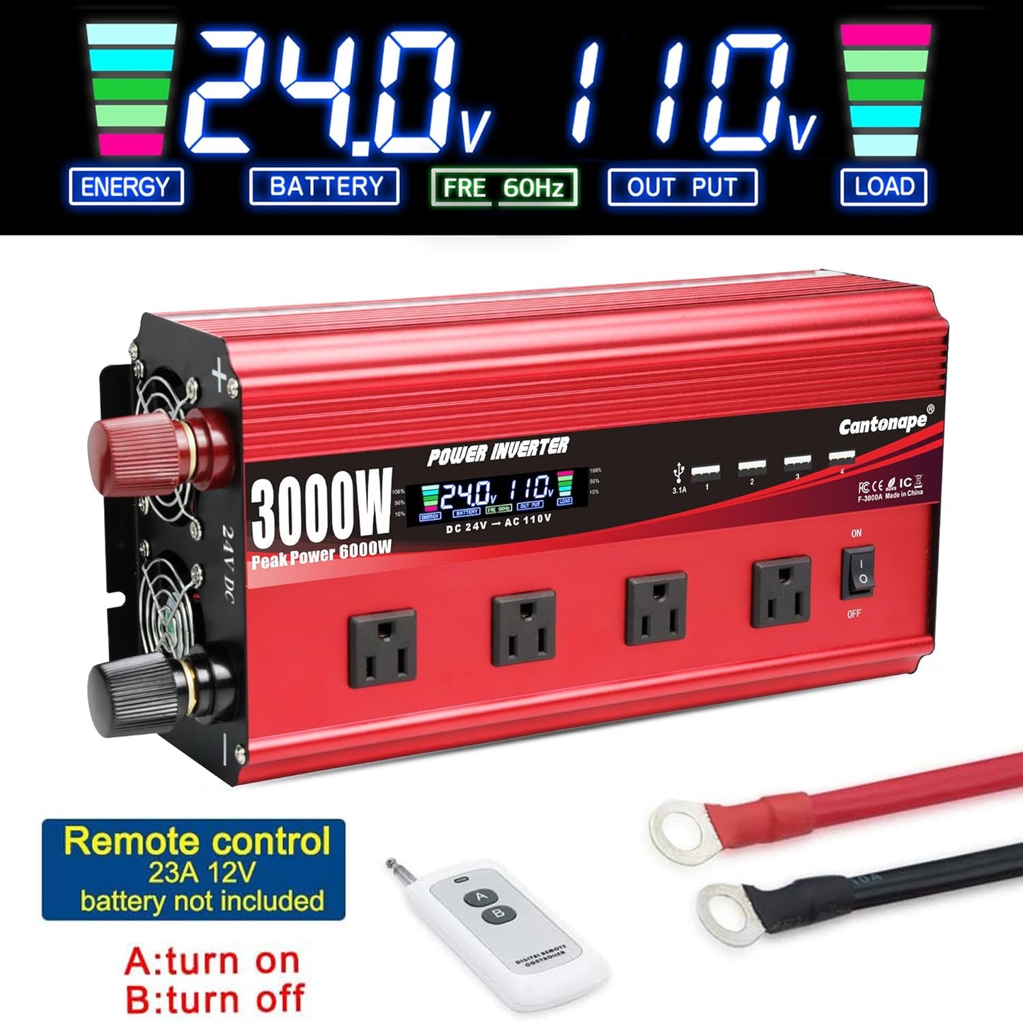 3000W Power Inverter 24V to 110V/120V DC to AC with LCD Display, Remote Controller 4 x AC Outlets and 4 x 3.1A USB Car Adapter for Car Truck Boat RV Solar System