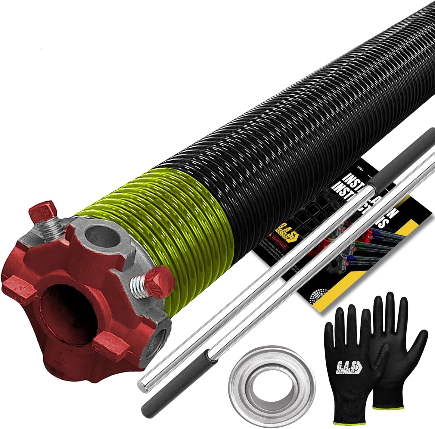 Garage Door Torsion Spring 207x1.75x30 Includes 1” Steel Bearing, Non-Slip Gloves, and Winding Bars for Left Side of Garage Door Precision E-Coating 5-Year Warranty Min. 30,000 Cycles (Red Cone)