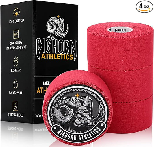 Bighorn Athletics Sports Tape | EZ-Tear Red Athletic Tape for Wrist, Hand, Ankle & Foot Support | Zinc Oxide Infused & Latex-Free Adhesive, Breathable Cotton Fabric, 1.5-Inch x 45-Feet, 4 Rolls, Red