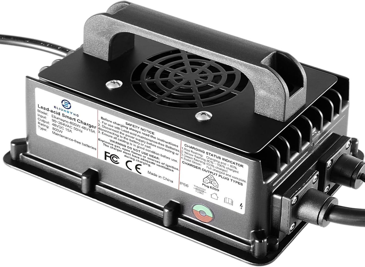 800W Lead Acid Battery Charger 48 Volt 15 AMP 3-Pin Triangular Plug EZGO RXV & TXT Golf Carts