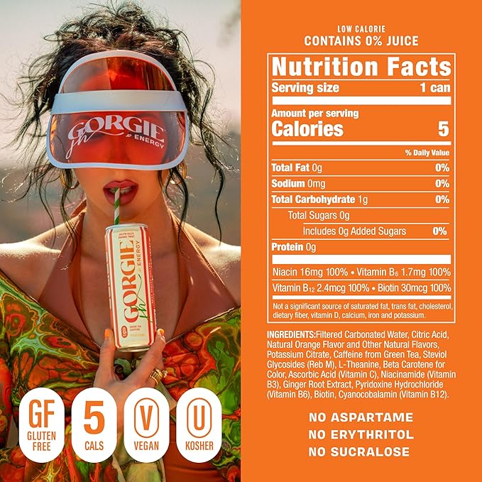 GORGIE Sugar Free Natural Energy Drinks, Jaclyn Hill Orange Twist (12 Pack) Healthy Sparkling Energy Drinks Natural Coffee Replacement with Green Tea Caffeine and Biotin, Vegan, Low Calorie