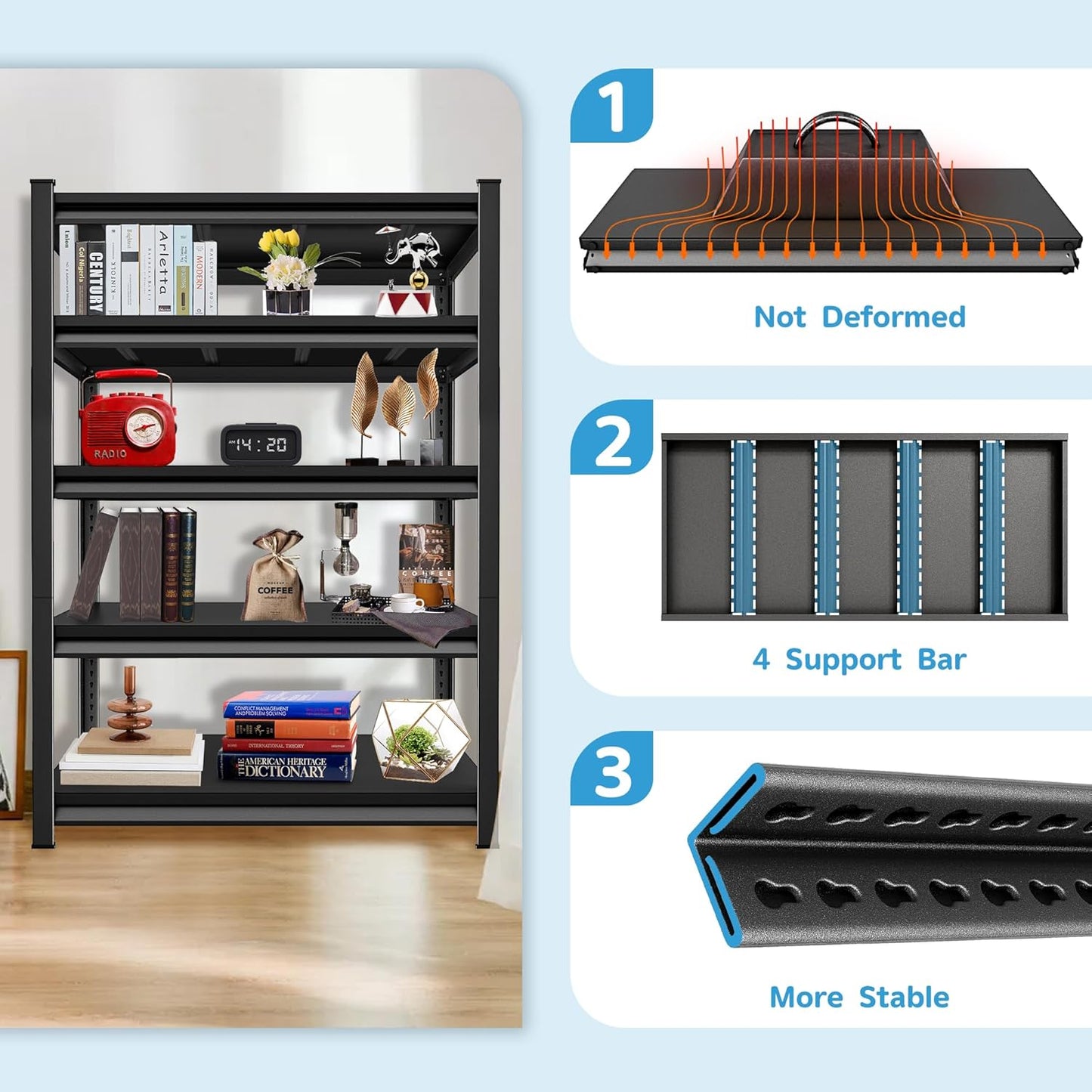 2750LBS Garage Storage Shelves Heavy Duty, 48" W x 18" D x 78" H,5-Tier Garage Shelving Heavy Duty, Industrial Metal Shelving Units for Garage, Basement,Fish Tank,Black