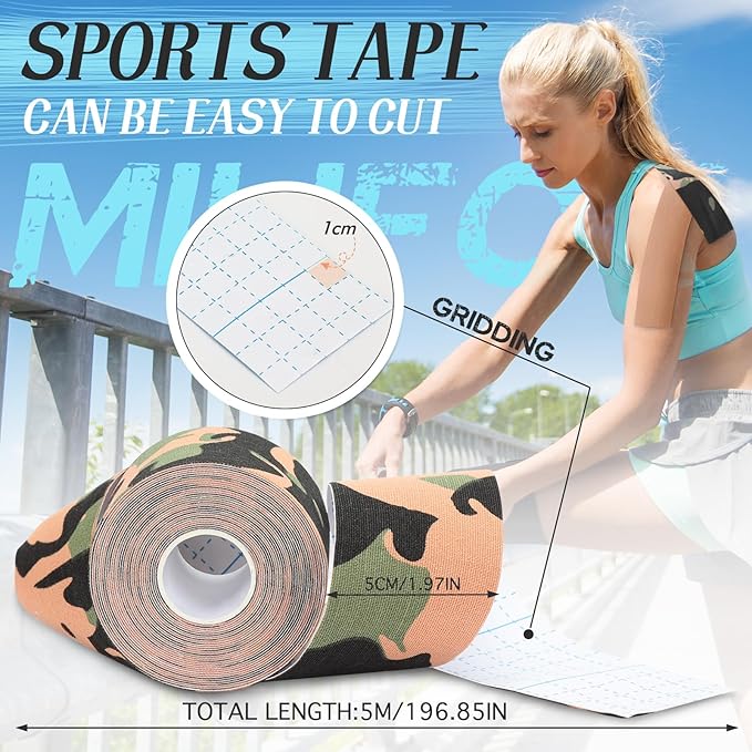 2 Rolls Kinesiology Tape, Waterproof Kinetic Tape 1.97 in x 16.4 ft, Uncut Cotton Elastic Athletic Strips for Knee, Shoulder, Ankle, Muscle Support (Complexion and Green Camouflage)