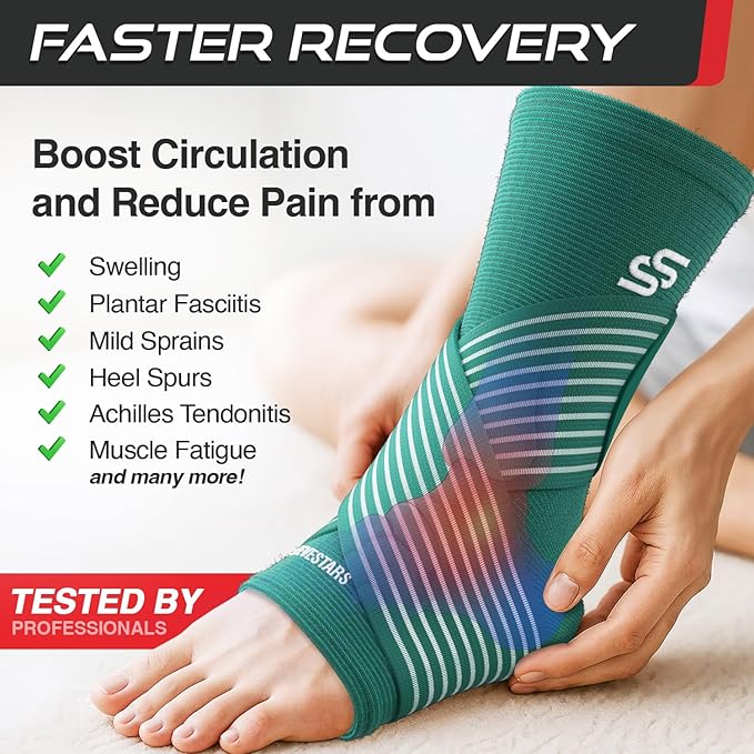 Sleeve Stars Ankle Brace for Women & Men, Ankle Wrap for Sprain, Compression Sleeve for Plantar Fasciitis Relief, Easy Customizable Support: w/ Removable Strap (Pair/M:10"-12"/Turquoise)