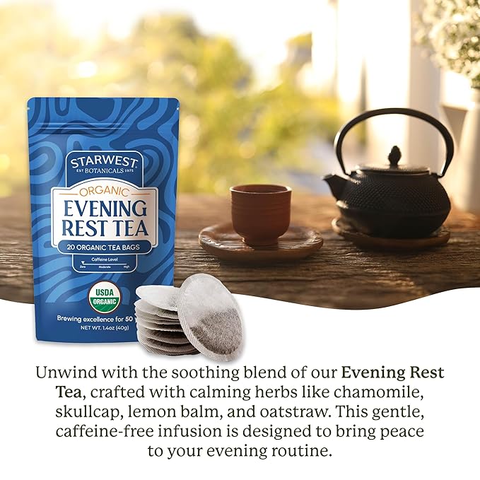 Starwest Botanicals Organic Evening Rest Tea - Caffeine Free Herbal Tea Blend for Sleep, Contains Chamomile & Lemon Balm, String Free Sachets, USDA Organic, Non GMO - 20 Tea Bags