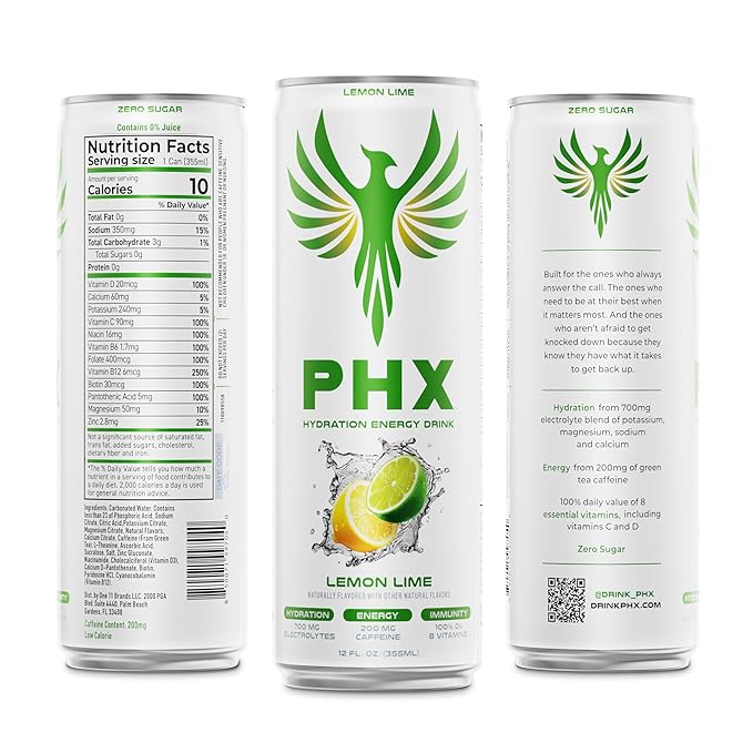 PHX Hydration Energy Drink - 700mg Electrolytes, 200mg Natural Green Tea Caffeine, 100% Daily Value 8 Essential Vitamins - 12 oz Cans (12 Pack) (12 Pack, Lemon Lime)