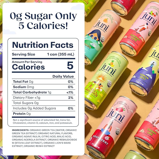 Juni Sparkling Adaptogen Drink with Ashwagandha, Lion's Mane & Reishi Mushrooms | Green Tea for Focus | Zero Sugar, 5 Calories | All Flavors 24-Pack