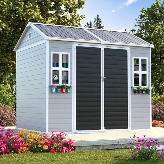 8x6x7 FT Resin Storage Shed, Waterproof Outdoor Shed w/Floor Included, 2 Windows, Double Lockable Doors & Vents,Outside Plastic Tool Sheds for Garden, Lawn, Backyard, Dove Grey