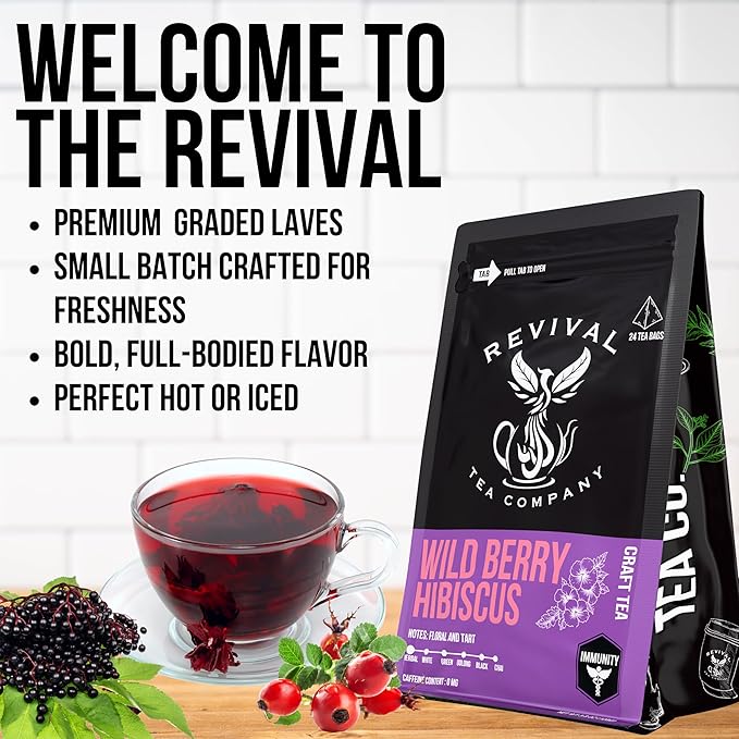 Revival Tea Company Wild Berry Hibiscus Tea - Herbal Tea Blend with Elderberry and Natural Wild Berry Flavor - Caffeine Free - 24 Tea Bags