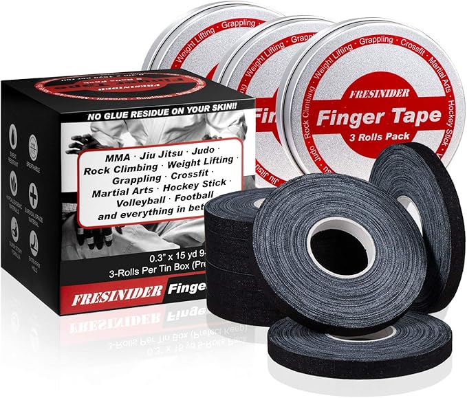Finger Tape - Strong Athletic Tape | 0.3” x 45 Feet (9 Pack) Tin Set | No Sticky Residue | for Rock Climbing, BJJ Jiu Jitsu, Grappling, Judo, MMA, Rock Climbing and Martial Arts (Black)