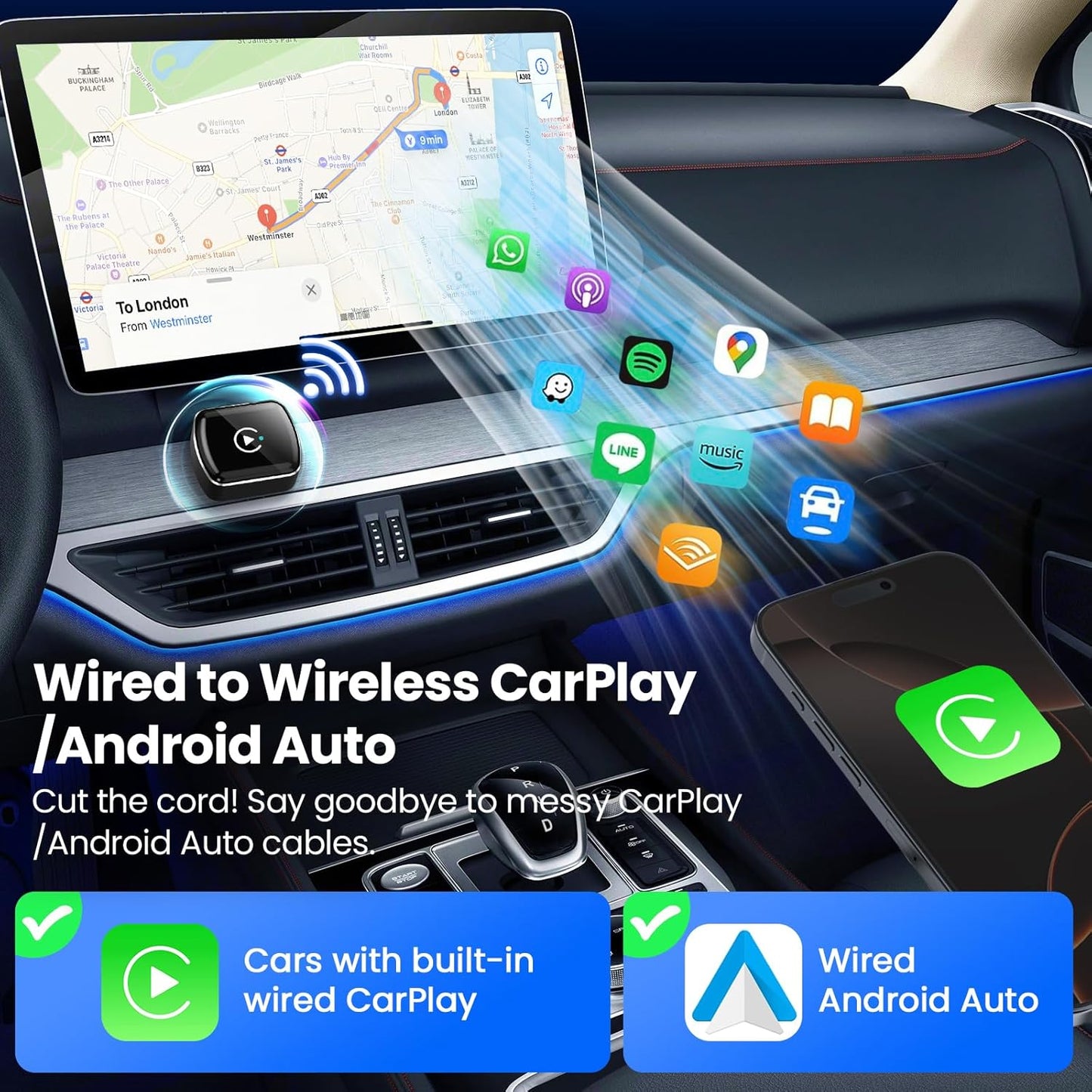 Wireless CarPlay Adapter & Android Auto, 2-in-1 CarPlay Adapter Convert Wired to Wireless, Mini Size with USB A & USB-C Extension Cable, Plug & Play, Stable Connection & No Delay