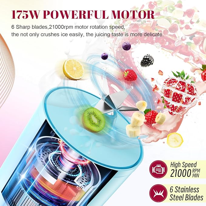 2PCS Portable Personal Blender 17 OZ/500 ML Juicer, 175W Personal Size Blender, Ideal for Smoothies, Ice Blending, Juicing, and Food Processing, Compact, Convenient, and Versatile (Pink&Blue)