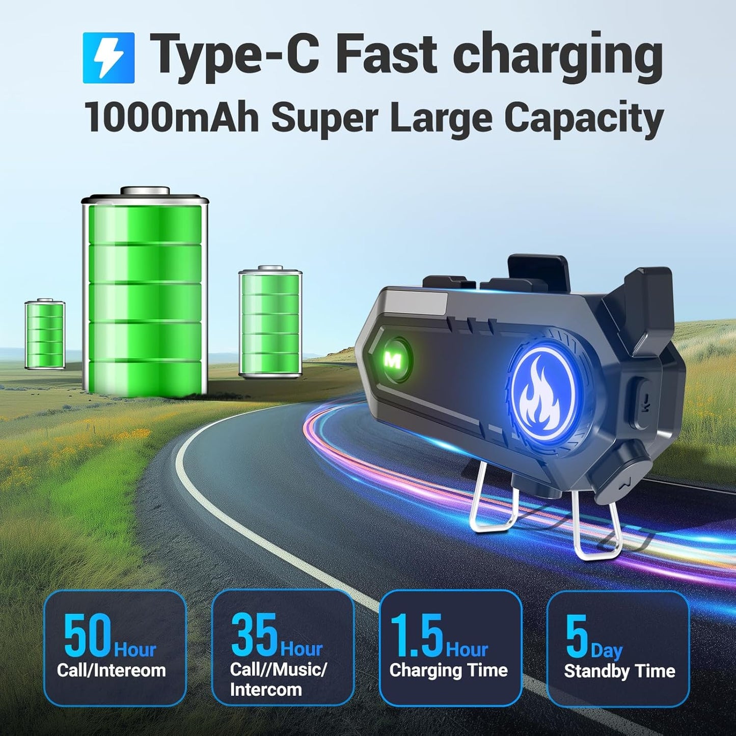 Motorcycle Helmet Bluetooth Headset, Bluetooth Motorcycle Helmet with 2 Type Mics, Intercom/Hands-Free Call/Music/Waterproof/Noise Cancellation/Wake Up Siri, Compatible with All Helmets