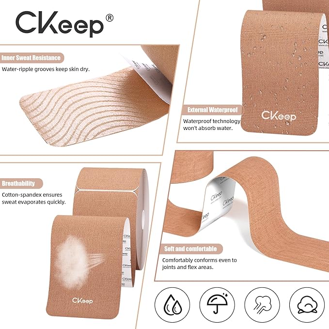 CKeep 4 Rolls Kinesiology Tape, Original Cotton Elastic Athletic Tape, 20 Precut 10" Strips Each, Beige, Ideal for Muscle Support & Injury Prevention