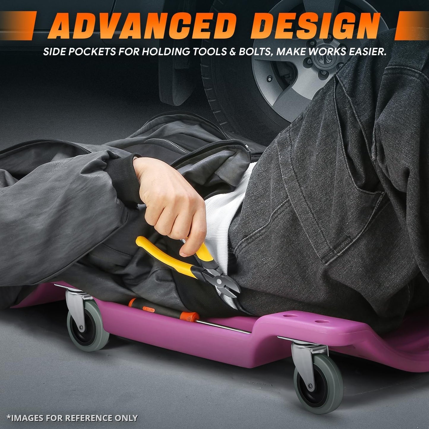 DNA MOTORING 40" L X 19" W Vehicle Repair Low Profile Plastic Rolling Garage Shop Creeper with Padded Headrest,Tool Trays & 6pcs Casters, Purple, TOOLS-00217-PR