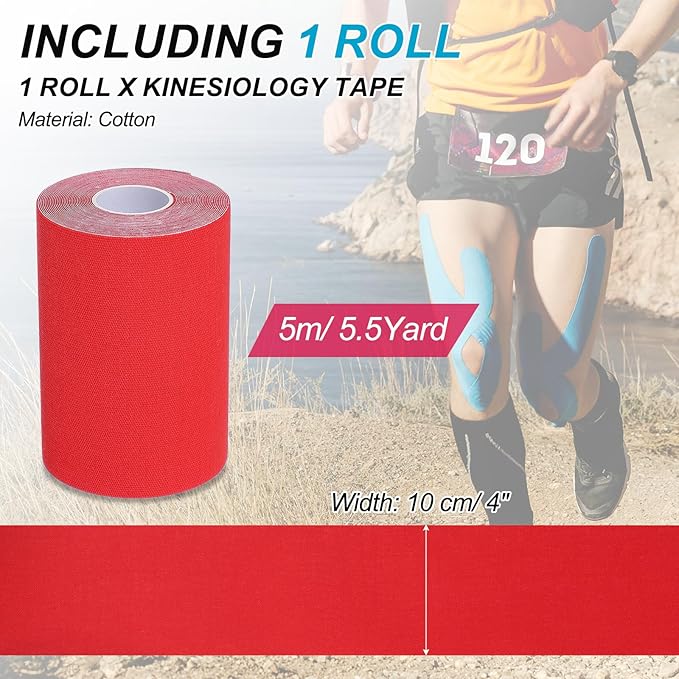 PATIKIL 5.5 Yard x 4 Inch Kinesiology Tape, 1 Roll Adhesive Cotton Sports Muscle Support Tapes Waterproof Elastic Tape for Knee Ankle Wrist Shoulder, Red