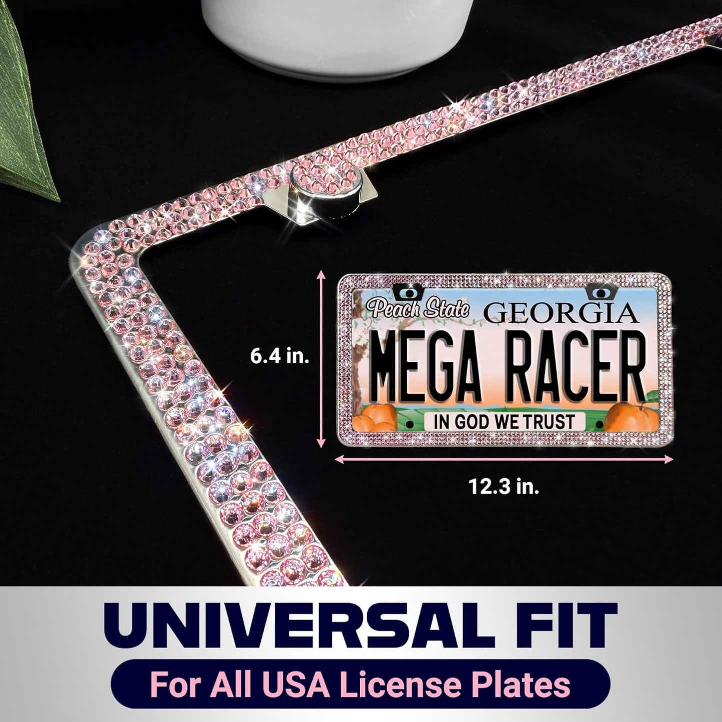Glamorous Bling License Plate Frame for Women - 1 Pack, 800 Premium Pink Rhinestones, Rust-Free Stainless Steel, Street Legal Slim Design, Sparkly Diamond Car Tag Holder with Glitter Crystal Covers