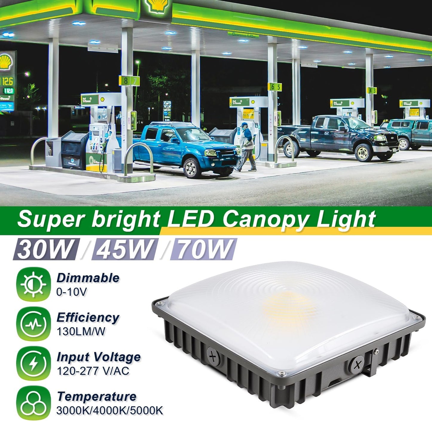 70W/45W/30W Power Selectable LED Canopy Garage Light with 3CCT (3500K/4000K/5000K), LED Parking Garage Lights 90-277V IP65 Commercial Residential Lights DLC (30W/45W/70W Power Selectable -1 PACK)