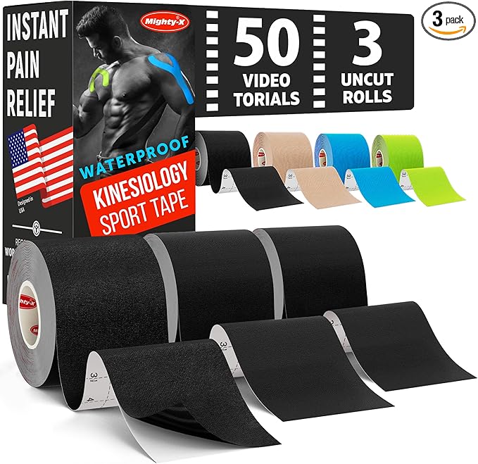 Waterproof Kinesiology Tape - [3 Rolls] - Kinetic Tape - Joints Support & Muscle Pain Relief - 16.4 ft Uncut Knee Tape + 50 Videos - Muscle Tape - Easy to Apply Shoulder Tape