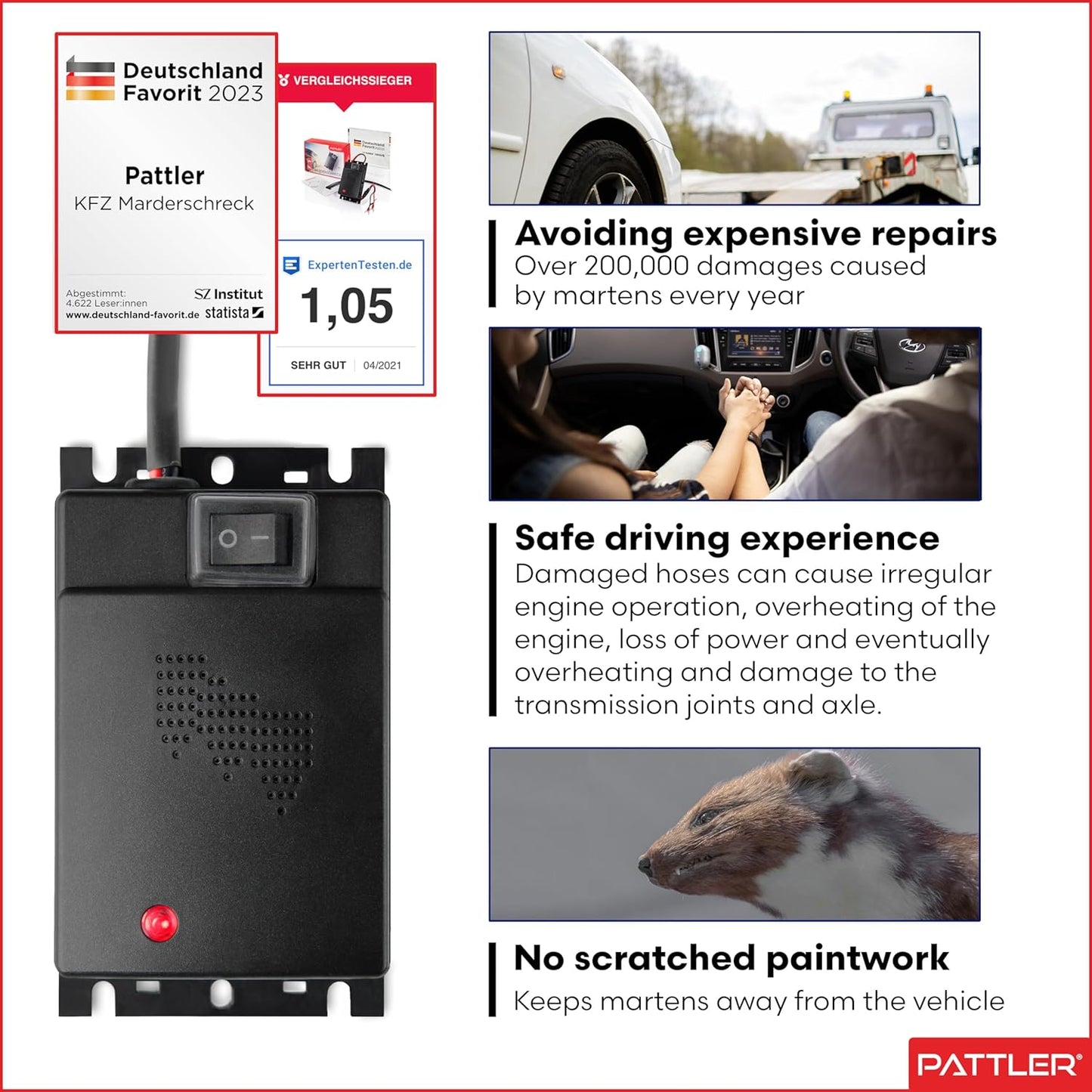 PATTLER® Marten Repellent for Car Engines - Ultrasonic Marten Repeller Under Hood for Immediate and Long-Term Protection Against Martens. Marten Deterrent for Cars Powered by 12V Car Battery - 2 Unit