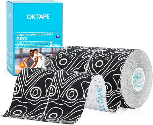 OK TAPE PRO Kinesiology Tape, 2inch x Long Roll 16ft Free Cut Tape, Elastic Athletic Tape Therapeutic Latex Free, 2 Rolls Black+White