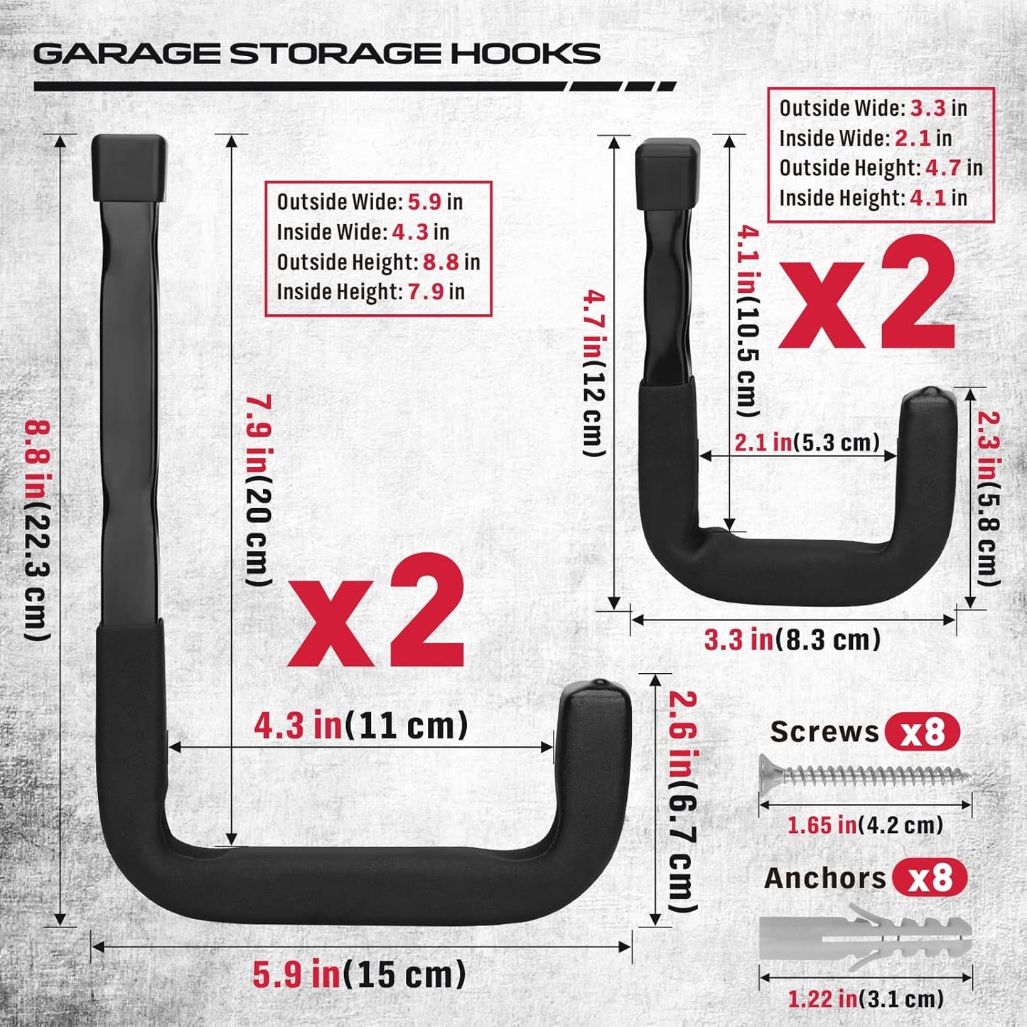 SEDY Heavy Duty Garage Storage Hooks: 4-Piece 6" & 3" Wall Mount J Utility Hooks Holds 88 LB, Large Metal Utility Hooks, Garage Storage Ladders for Bikes, Garden Tools