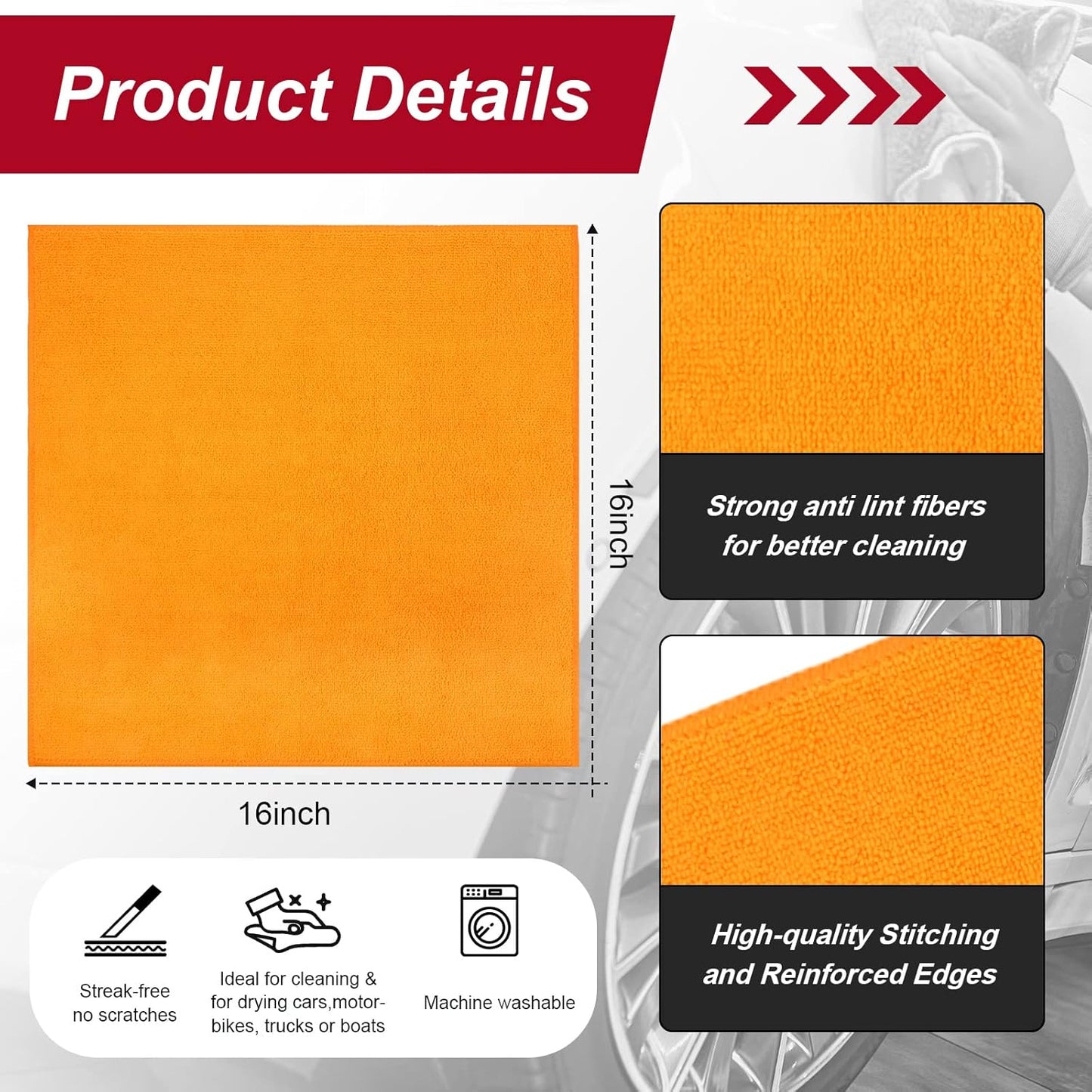 200 Pcs Microfiber Cleaning Cloth 16x16 Inch Microfiber Towels for Car Ultra Absorbent Cleaning Rags Reusable Lint Free Streak Free Detailing Towel for Car Washing Drying Dusting (Orange)