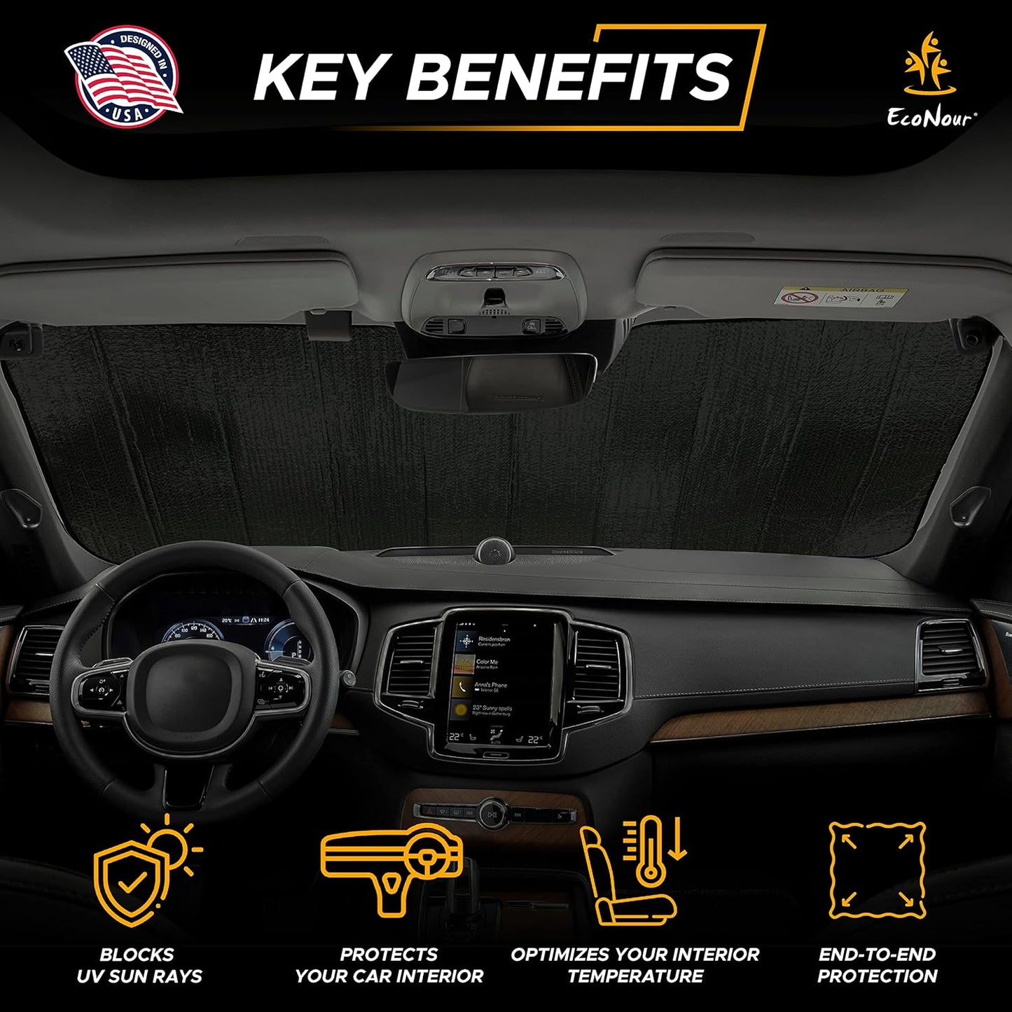 EcoNour Accordion Car Windshield Sun Shade | Reflective Car Window Shades for UV & Sun Protection | Foldable Windshield Cover Keeps Interior Cool | 26 x 56 Inches