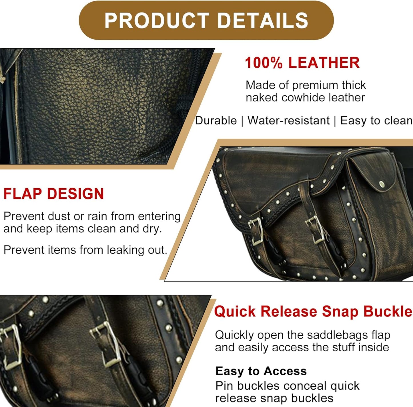 Dream Apparel Naked Cowhide Leather Motorcycle Saddle Bags Studded Throw Over Saddlebags, Motorcycle Side Bags for Honda Shadow Sportster Softail Dyna V-star (Distressed Brown, With Studs)