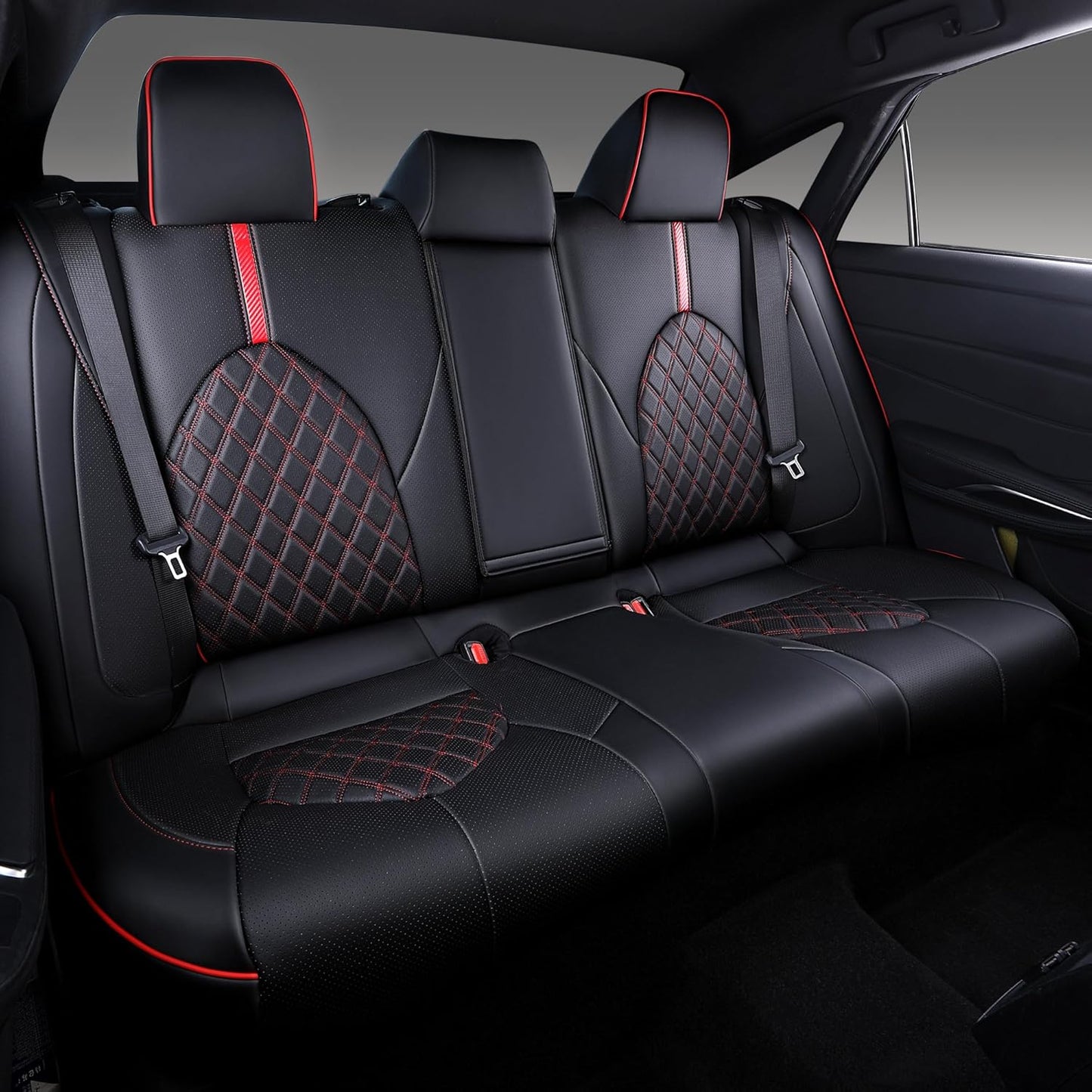 Custom Fit Camry Seat Covers for Toyota Camry Hybrid LE, Hybrid SE 2018-2024 Full Coverage Waterproof Breathable Leather Car Seat Covers Full Set (Black with Red Trim)