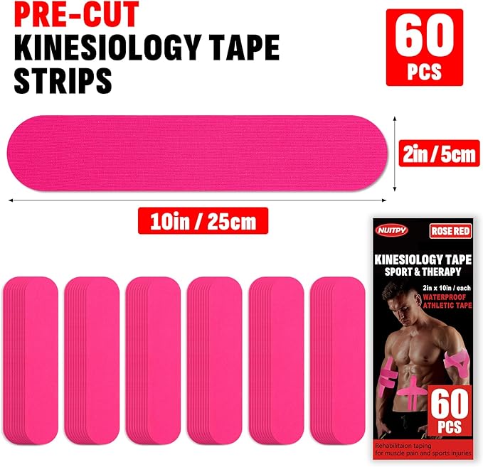 60PCS Precut Kinesiology Tape Strips, 2 inch x 10 inch Athletic Tape, Kinetic Tape, Elastic Muscle Tape, Sports Tape, Knee Tape for Exercise and Daily Use - Rose Red