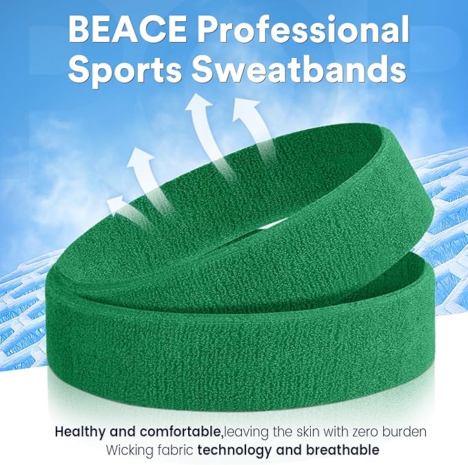 BEACE Sweatbands Sports Headband for Men & Women - Moisture Wicking Athletic Cotton Terry Cloth Sweatband for Tennis, Basketball, Running, Gym, Working Out