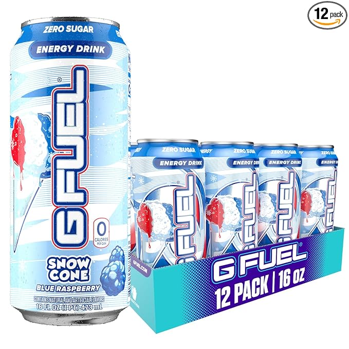 G Fuel Energy Drink, Snow Cone, Sugar Free Beverage with 300mg Caffeine, Daily Energy Boost with Focus Amino, Vitamin + Antioxidants, 16 oz Cans (Snow Cone, 12-Pack)