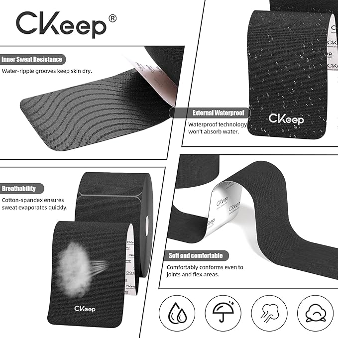 CKeep 4 Rolls Kinesiology Tape, Original Cotton Elastic Athletic Tape, 20 Precut 10" Strips Each, Black, Ideal for Muscle Support & Injury Prevention