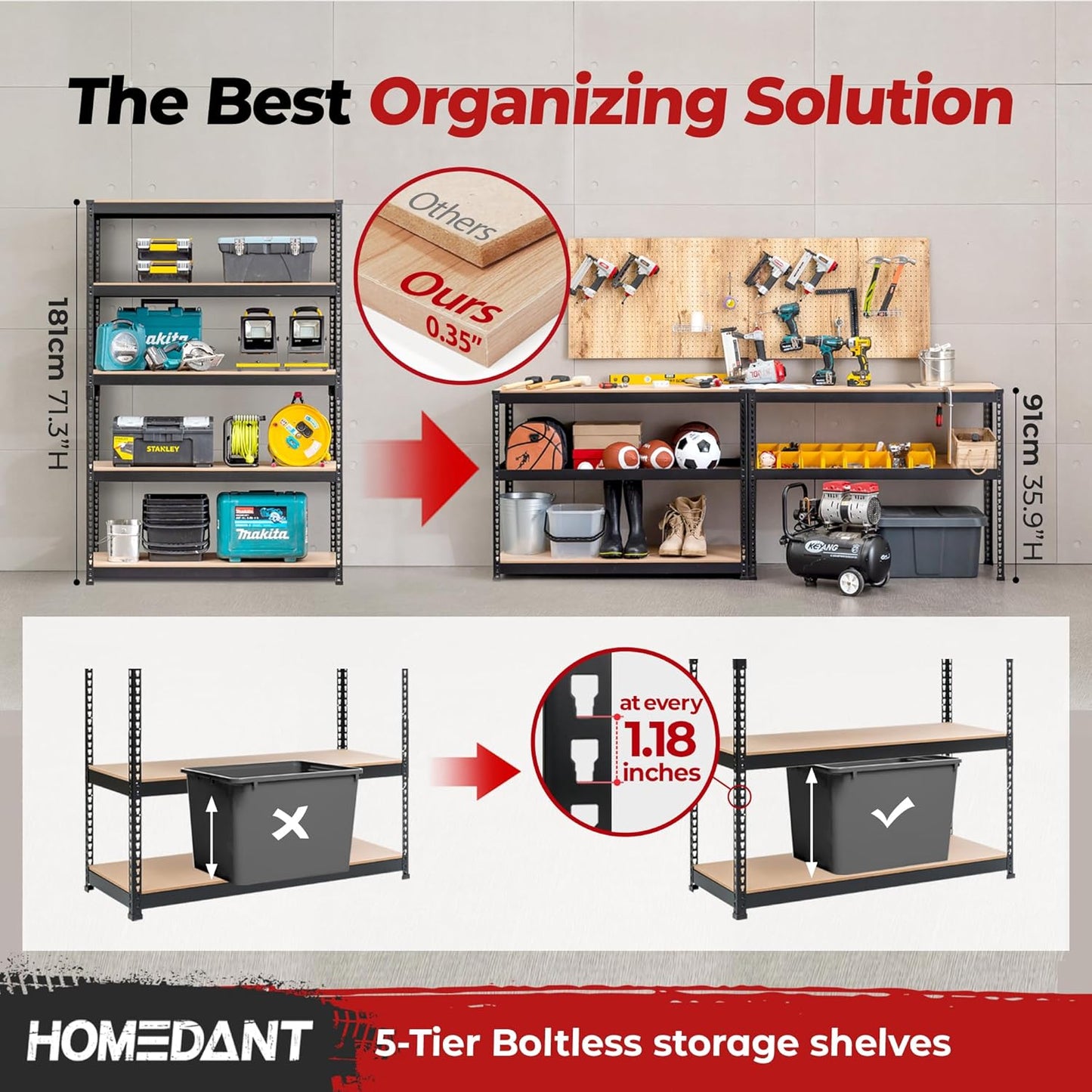 HOMEDANT 5 Tier Laminated Boltless Heavy Duty Garage Storage Adjustable Wide Size Metal Shelving Unit Utility Rack Shelves Organization Multipurpose Shelf Shed Warehouse 47.7"W x 24.1"D x 71.3"H 1Pack