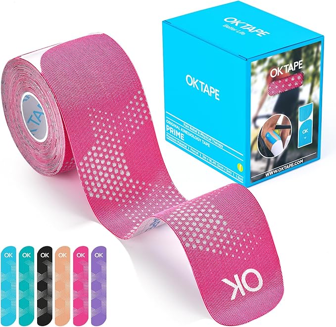 OK TAPE Synthetic Kinesiology Tape, 20 Strips, Precut K Tape, Performance Elastic Athletic Tape for Muscle Support & Discomfort Relief, Reflective Design, Waterproof, 2" x 10" -Pink