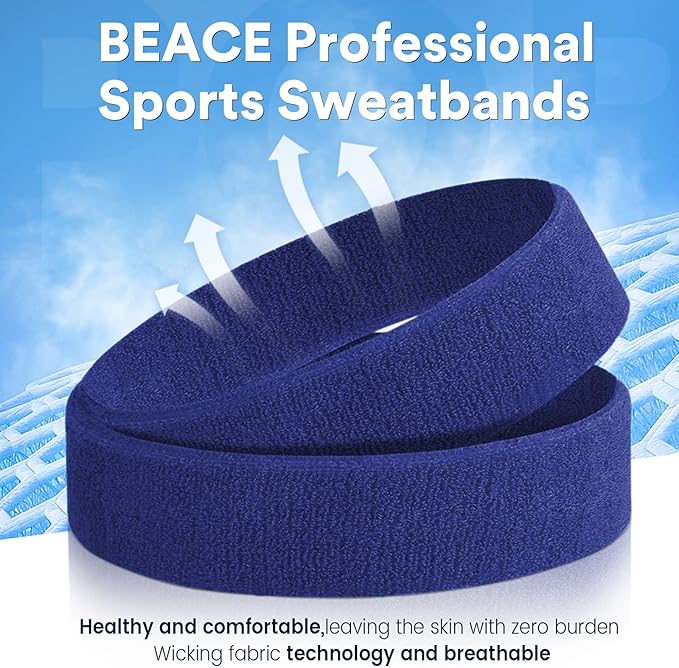 BEACE Sweatbands Sports Headband for Men & Women - Moisture Wicking Athletic Cotton Terry Cloth Sweatband for Tennis, Basketball, Running, Gym, Working Out