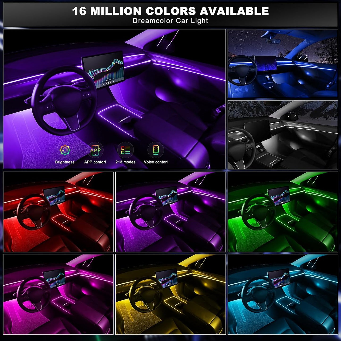 Acrylic Interior Car LED Strip Light with Wireless APP, RGB 18 in 1 with 175 inches 612 LEDs Fiber Optic Strip Lights for Car, Dual Zone Music Sync Neon Car Ambient Lighting Kits